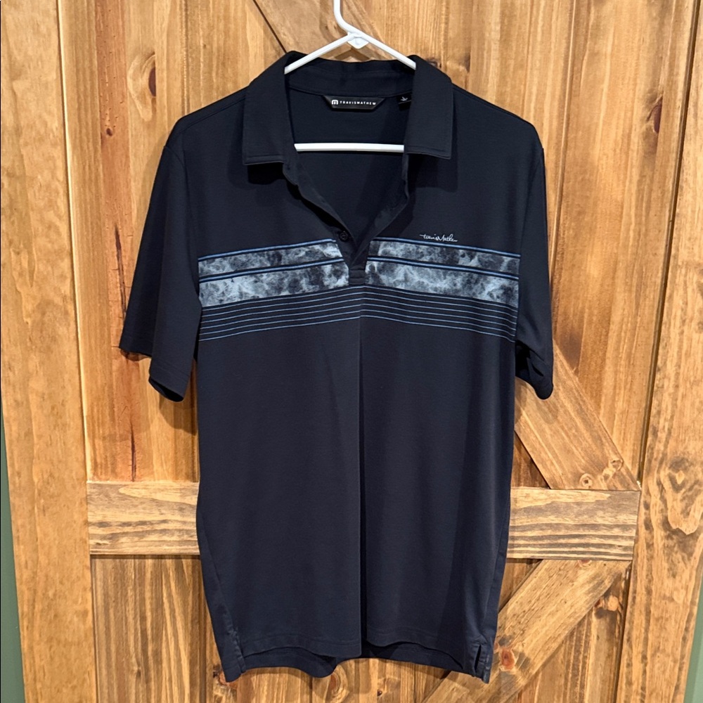 Travis Mathew Black Polo with Blue Stripes